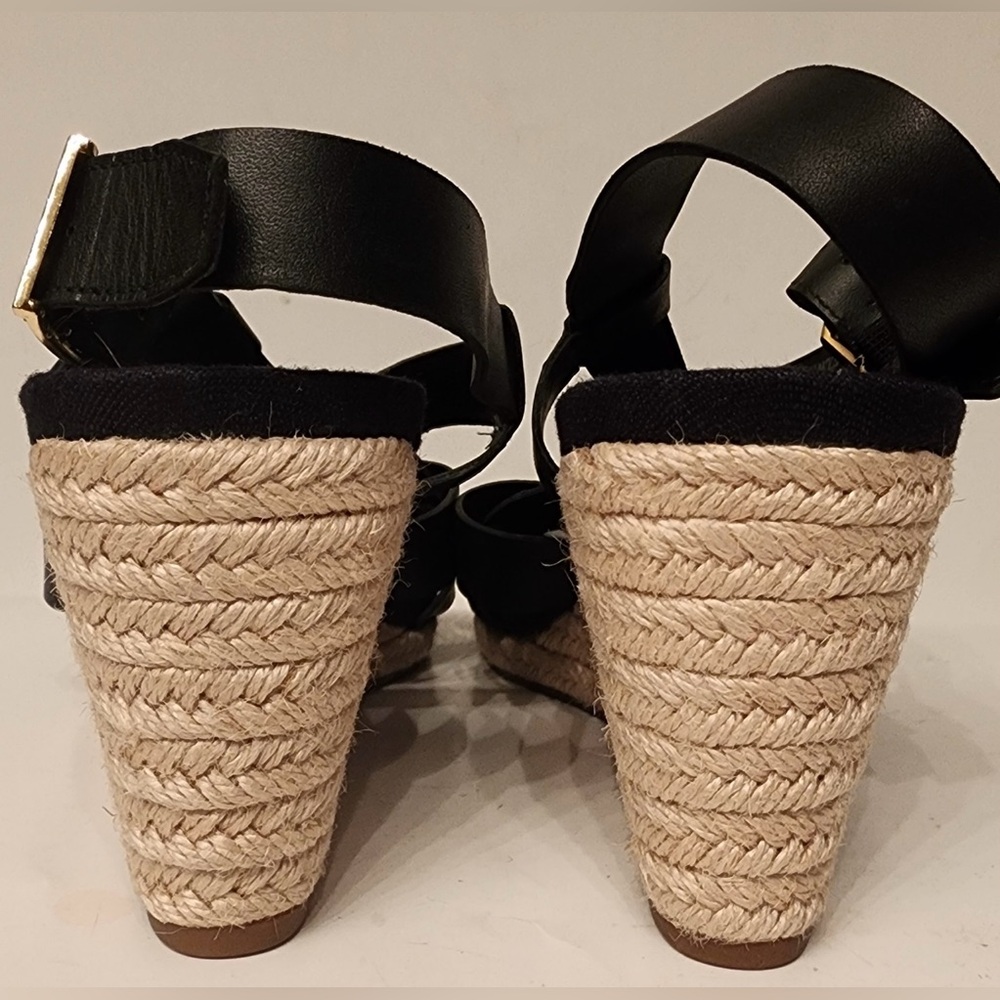 Cole Haan Black Leather Woven Espadrille Wedge Sandals - Picture 4 of 6